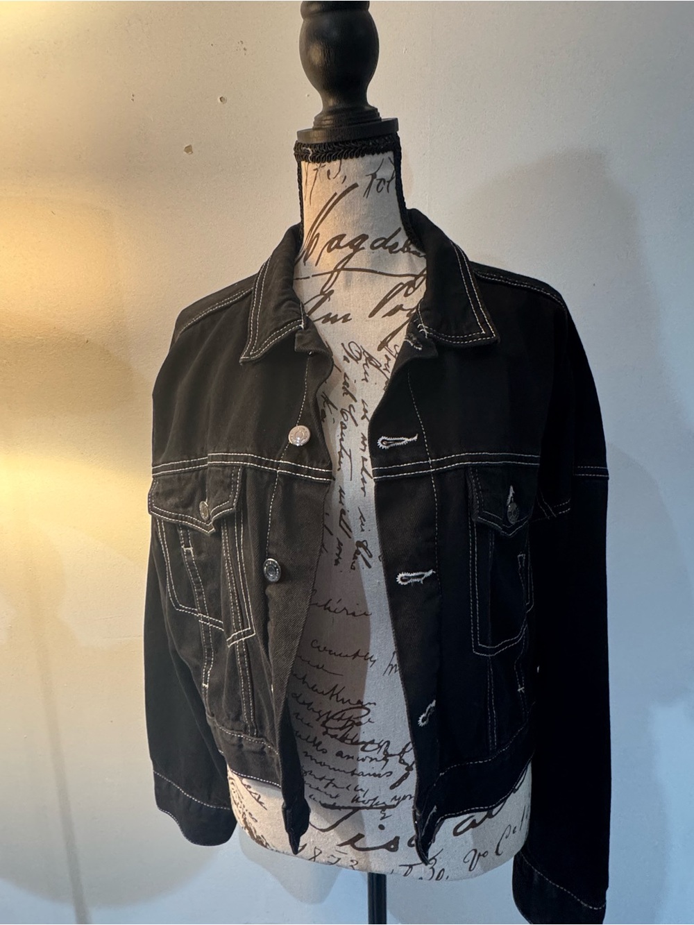 H&M Black Denim Jacket with White Topstitching